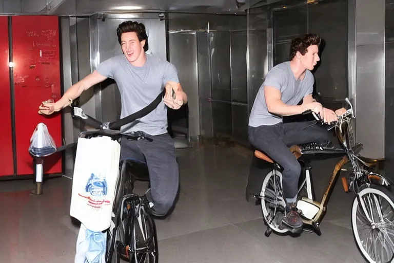 Prompt: miles teller in a bangkok elevator hula hopping while eating stawberries on a bike