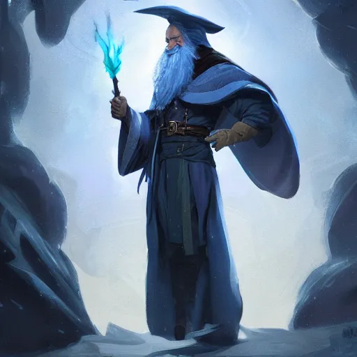 Image similar to a DnD character card of a wizard with a white beard and a blue robe and a wizard hat, hyperdetailed concept art by Ross Tran and Greg Rutkowski, realistic, trending on ArtStation, 8k