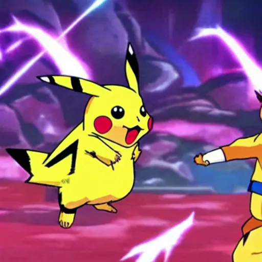 Prompt: pikachu fights against son goku in an arena, anime