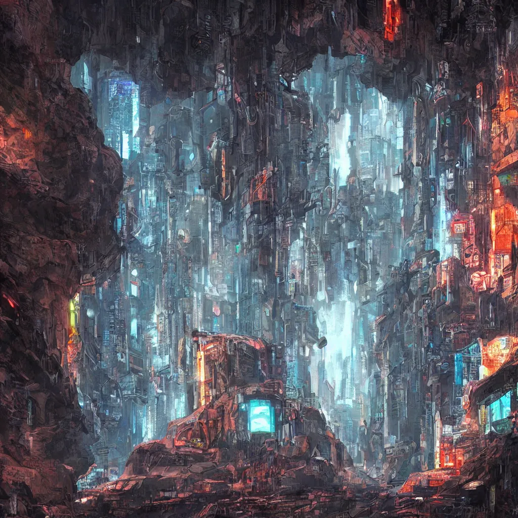 Image similar to a cave painting of a cyberpunk cave