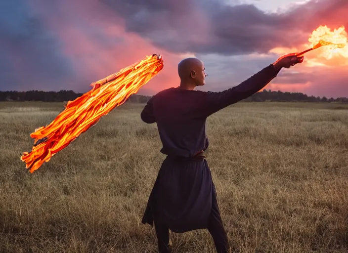 Image similar to squidward practicing firebending in an open field at susnset, 1 2 0 mm, dramatic lighting'