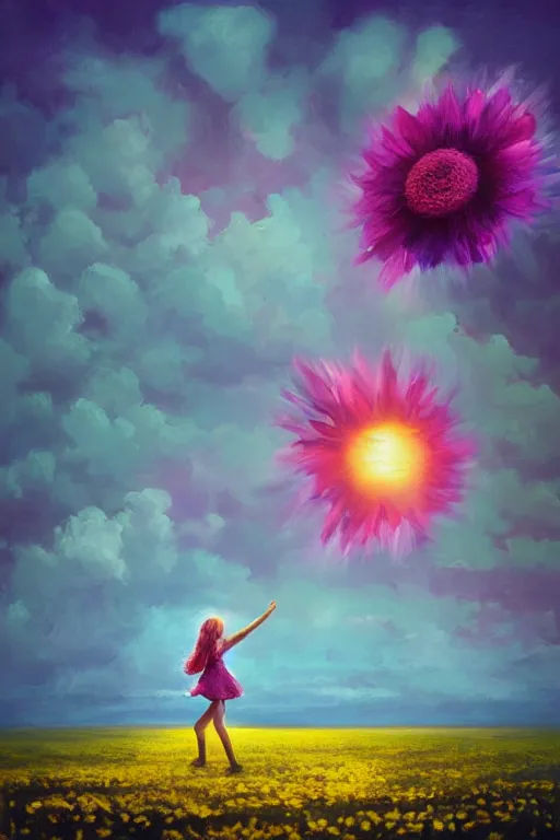 Image similar to giant daisy flower as head, girl dancing in a flower field, surreal photography, sunrise, dramatic light, impressionist painting, colorful clouds, digital painting, artstation, simon stalenhag