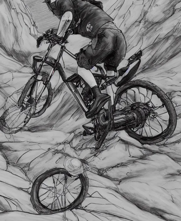 Image similar to an anime drawing of a mountain biker shredding a berm, 4k resolution, detailed, trending on artstation