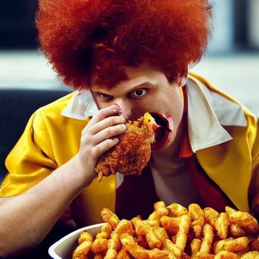 Image similar to Ronald McDonald eating a chicken leg out of a KFC bucket, hyper realistic, photography