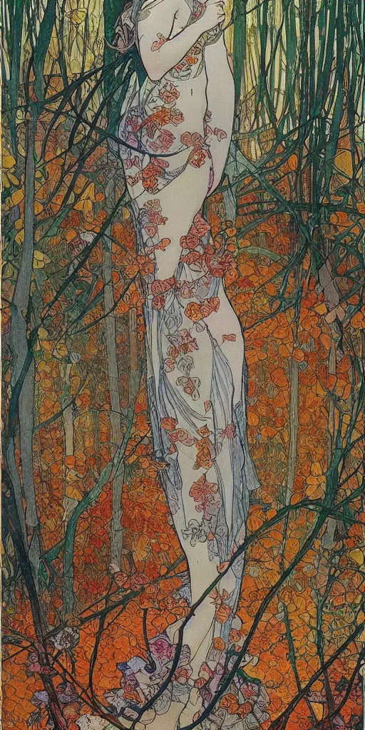 Image similar to a beautiful illustration of a forest in autumn, style of yoshitaka amano and alfons mucha