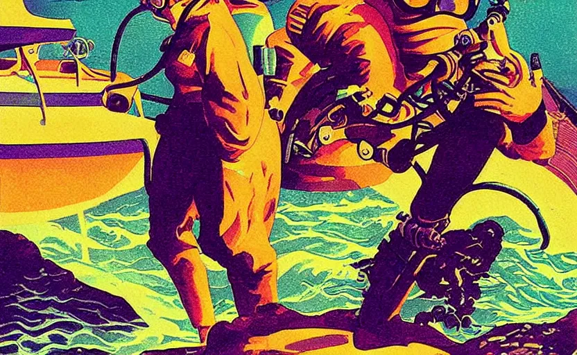 Image similar to vaporwave art deco of scuba diver by adolphe millot