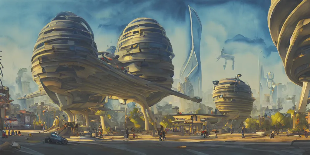 Prompt: overwatch building, stylized, exterior, architecture, in watercolor gouache detailed paintings, insanely detail, artstation, 8 k, futuristic, big medium small, arcane, simon stalenhag, food stall, interesting shapes & form, golden ratio, megastructures, vitaly bulgarov, mall, jungle, environment, nature, zaha hadid, night, afterdark