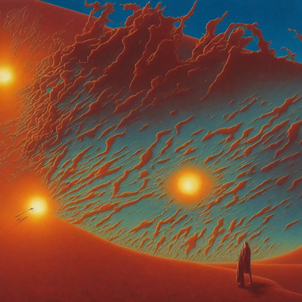 Image similar to high detailed progressive rock 70s album cover style by Eliran Kantor, abstract, evangelion third impact inspired, desert environment, Zdzisław Beksiński, by George Caleb Bingham and Donato Giancola and Bob Eggleton, cinematic, unreal engine, high quality, eerily beautiful, cgsociety, artgerm, 4K, UHD, trending on ArtStation, dune, pulp magazines