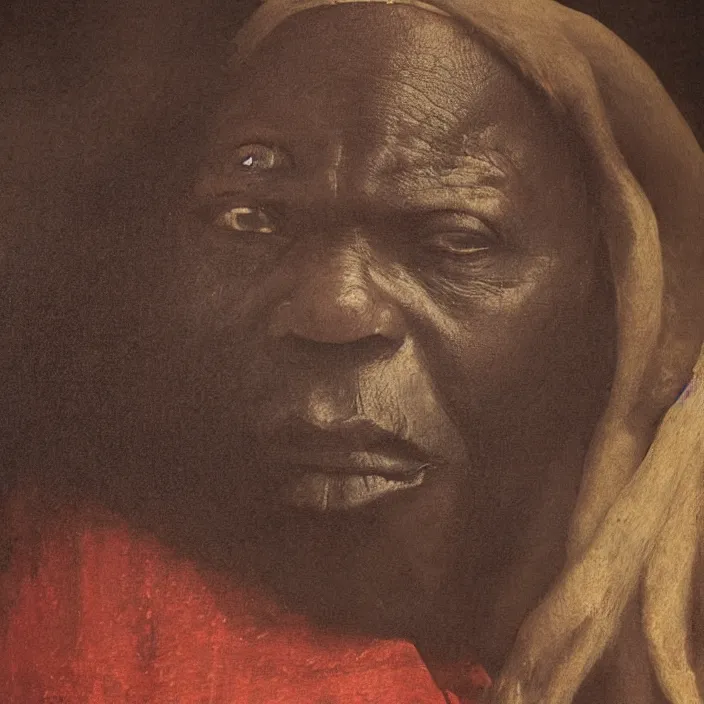 Prompt: a painting of a elder African man by Leonardo da Vinci . dramatic angle, ethereal lights, details, smooth, sharp focus, illustration, realistic, cinematic, artstation, award winning, rgb , unreal engine, octane render, cinematic light, macro, depth of field, blur, red light and clouds from the back, highly detailed epic cinematic concept art CG render made in Maya, Blender and Photoshop, octane render, excellent composition, dynamic dramatic cinematic lighting, aesthetic, very inspirational, arthouse.