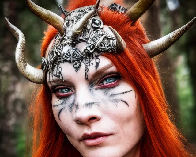 Image similar to 5 5 mm portrait photo of an armored redhead woman warrior with a face tattoo and horns growing from her head, in a magical forest. by luis royo. highly detailed 8 k. intricate. lifelike. soft light. nikon d 8 5 0. cinematic post - processing