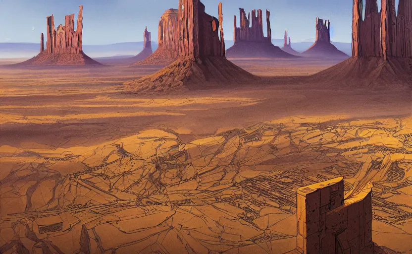 Prompt: a hyperrealist watercolor concept art of a sci - fi futurist metropolis in monument valley. a medieval monk in grey robes is in the foreground. golden hour. very muted colors, by rebecca guay, michael kaluta, charles vess. high detail, hq, wide shot, 4 k
