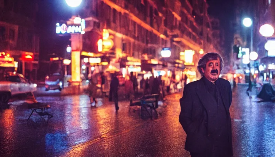 Image similar to hyper-realistic 2010s movie still of Giovanni Falcone in a street a night, by Paolo Sorrentino, Cinestill 800t 35mm, beautiful color, high quality, neon billboards and streetlight, rain, lens flare