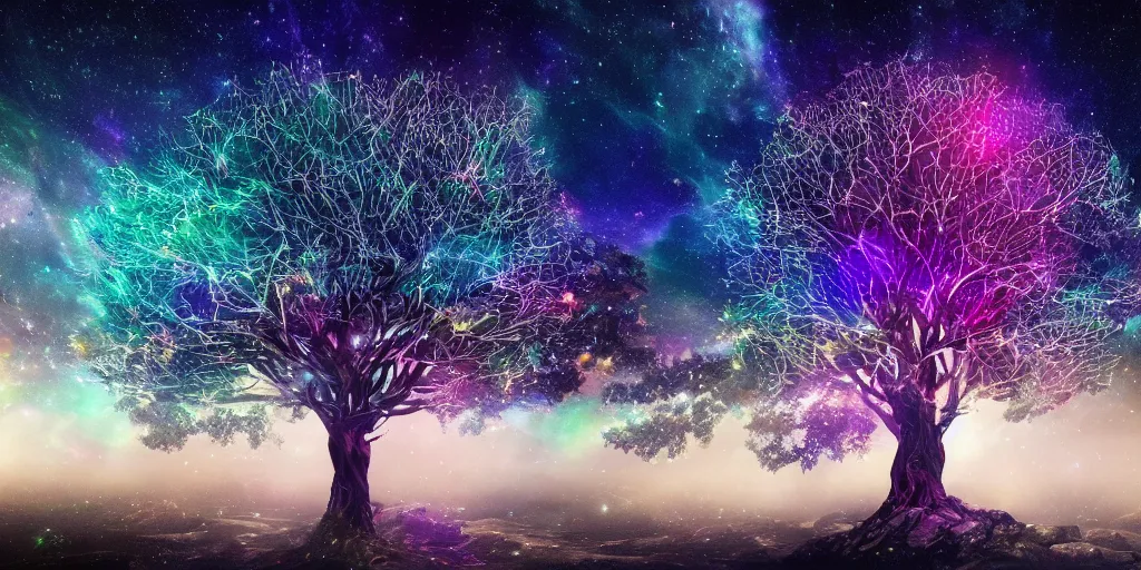 Prompt: crystal tree of life, stars in the night sky, beautiful, vibrant color scheme, multicolored, visual contrast, light rays, ethereal beams, godly, awe inspiring, cosmic, astronomical, transcendent, fantasy, magical, volumetric lighting, epic composition, dramatic lighting, golden ratio, cinematic composition, 8 k, octane render, artstation