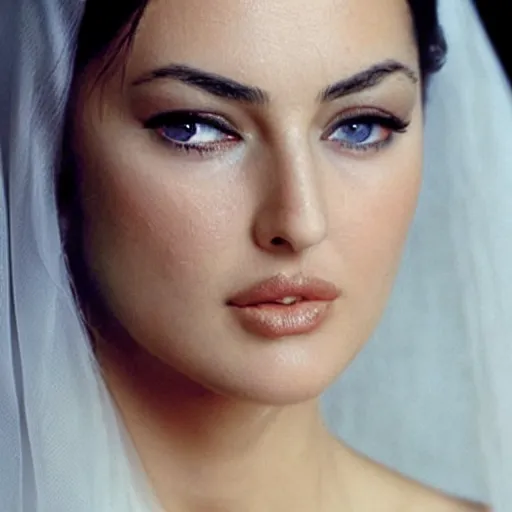 Prompt: young arab Monica Bellucci, blue eyes, white veil, closeup, focus, light makeup