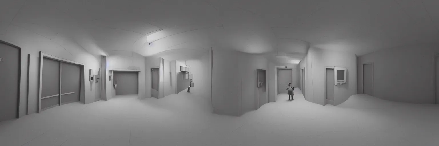 Prompt: dimly lit, theater access corridor background, 3 doors, day of the tentacle style, fish eye, pixar, octane render, 8k, ambient occlusion, vibrant