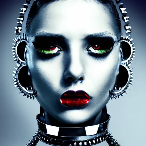 Prompt: a digital artwork of futuristic woman wearing technological large steel spiked collar, steel choker on neck, cyberpunk ,4K, portrait, punk hairstyle,