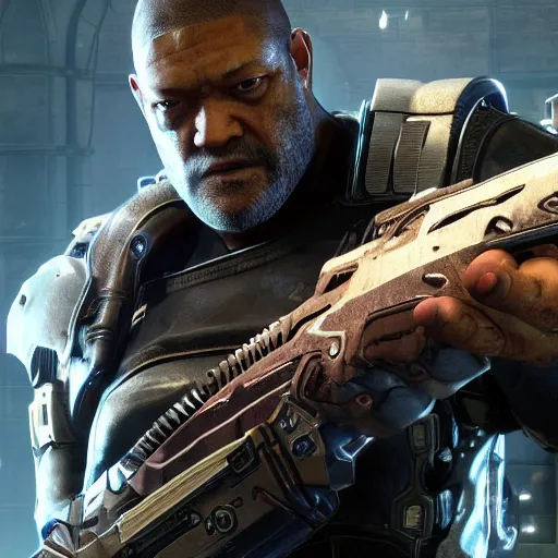 Image similar to laurence fishburne in gears of war destiny 2 overwatch witcher 3 god of war tomb raider cyberpunk 2 0 7 7 doom, highly detailed, extremely high quality, hd, 4 k, professional photographer, 4 0 mp, lifelike, top - rated, award winning, realistic, detailed lighting, detailed shadows, sharp, edited, corrected, trending