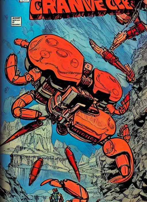 Image similar to comic book cover of a giant mechanical crab at the grand canyon by jack kirby!!! and simon bisley, epic, awesome bright color palette, hard contrast, black ink outlines