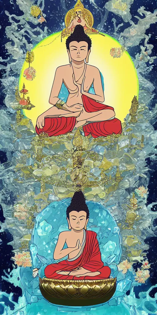 Prompt: buddha sitting on a throne of ice surrounded by lotus flowers drawn by studio trigger, in the style of Little Witch Academia, spiritual enlightenment, tarot card, Tarot card the Hierophant,