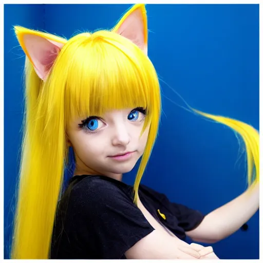 Prompt: anime little cat girl with yellow hair and blue eyes