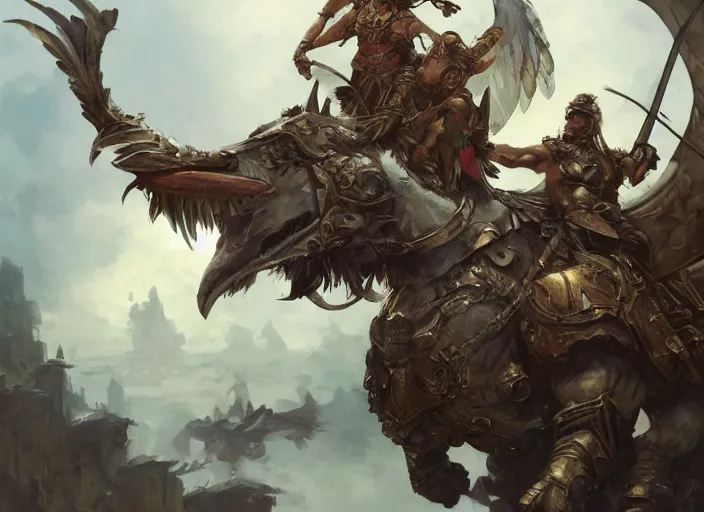 Image similar to The large birds of war, barbarian muscular men with powerful arms riding saddled to the back of the large griffin bird, swords held high, medieval war rages below, highly detailed, digital painting, artstation, concept art, smooth, sharp focus, illustration, art by artgerm and greg rutkowski and alphonse mucha