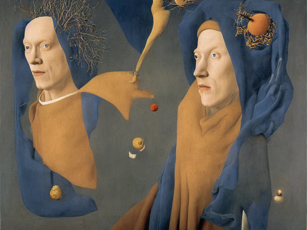 Image similar to Portrait of albino mystic with blue eyes, with exotic meteor. Painting by Jan van Eyck, Audubon, Rene Magritte, Agnes Pelton, Max Ernst, Walton Ford