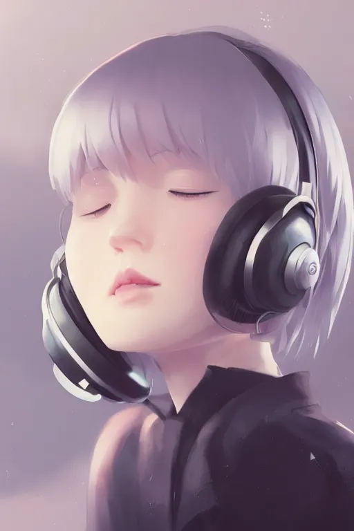 Image similar to a cute young woman listening to music with her eyes closed and wearing headphones in the style of Ilya Kuvshinov and Range Murata, white bob cut hair, freckles, dark thunderclouds in the backround, soft lighting, cinematic, moody, nier automata, poster, oil on canvas, 8k