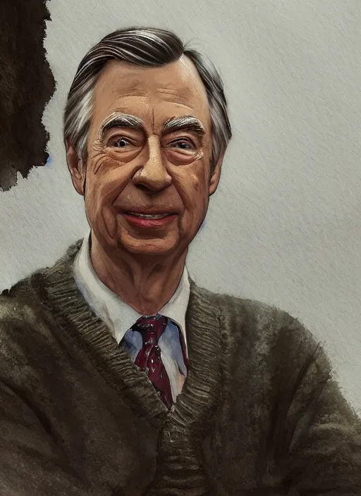 Prompt: portrait, Mr Rogers, watercolor, dramatic lighting, cinematic, establishing shot, extremely high detail, foto realistic, cinematic lighting, pen and ink, intricate line drawings, by Yoshitaka Amano, Ruan Jia, Kentaro Miura, Artgerm, post processed, concept art, artstation, matte painting, style by eddie mendoza, raphael lacoste, alex ross