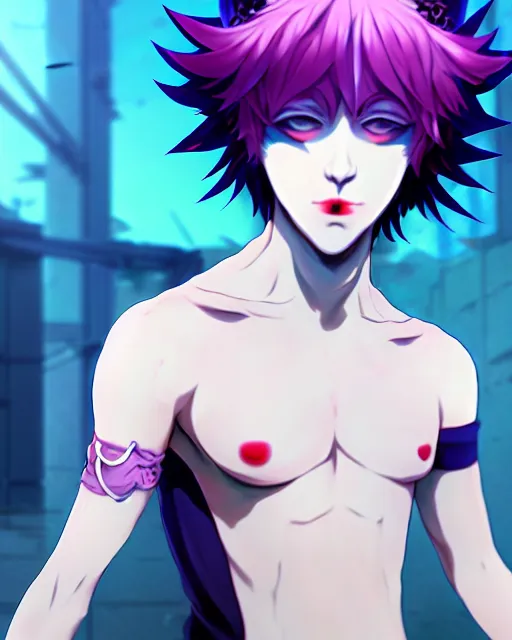 Prompt: extremely attractive soft feminine male as a jester anime character screenshot, nagito komaeda and hisoka jester circus, anime, intricate, sharp focus, illustration, highly detailed, digital painting, cell shaded, concept art, matte, male art by ilya kuvshinov and kyoto animation and wlop, ruan jia and greg rutkowski, studio quality, masterpiece