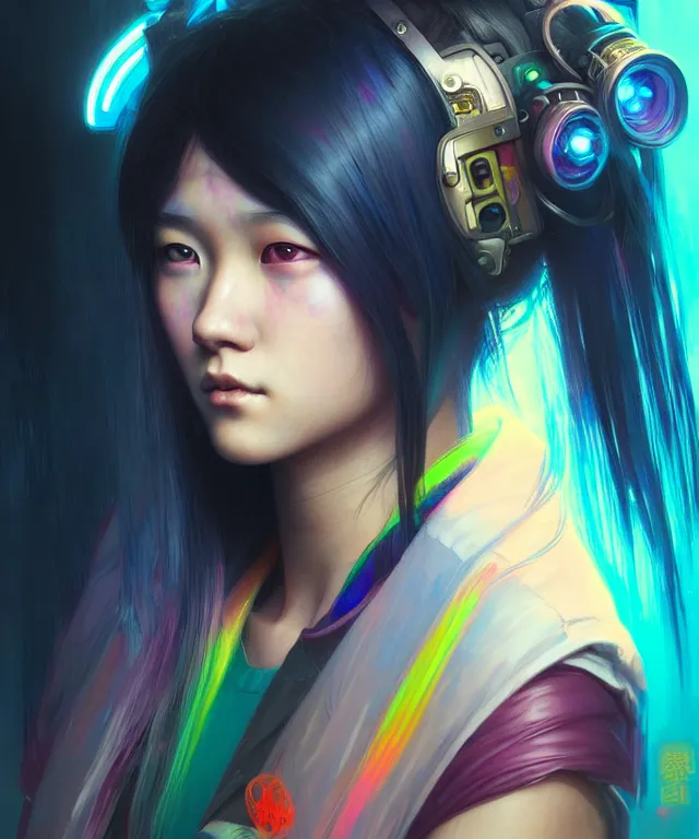 Image similar to Cyberpunk teenage girl, portrait, Asian features, face, rainbow coloured hair intricate, elegant, highly detailed, digital painting, artstation, concept art, smooth, sharp focus, illustration, art by artgerm and greg rutkowski and alphonse mucha