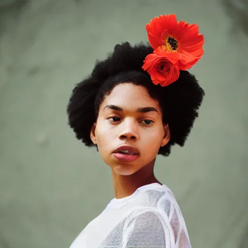 Image similar to realistic! photoshoot for a new nike lookbook, color film photography, portrait of a beautiful woman, woman got a flower in her hair, in style of tyler mitchell, 35mm