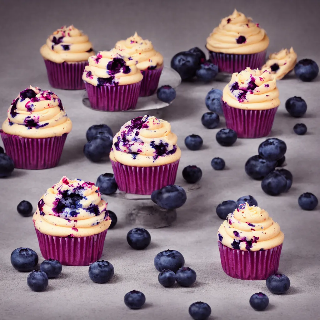 Prompt: colourful product photo of a blueberry cupcake, photorealistic, dynamic lighting, bokeh, Carl Zeiss 50mm vintage lens