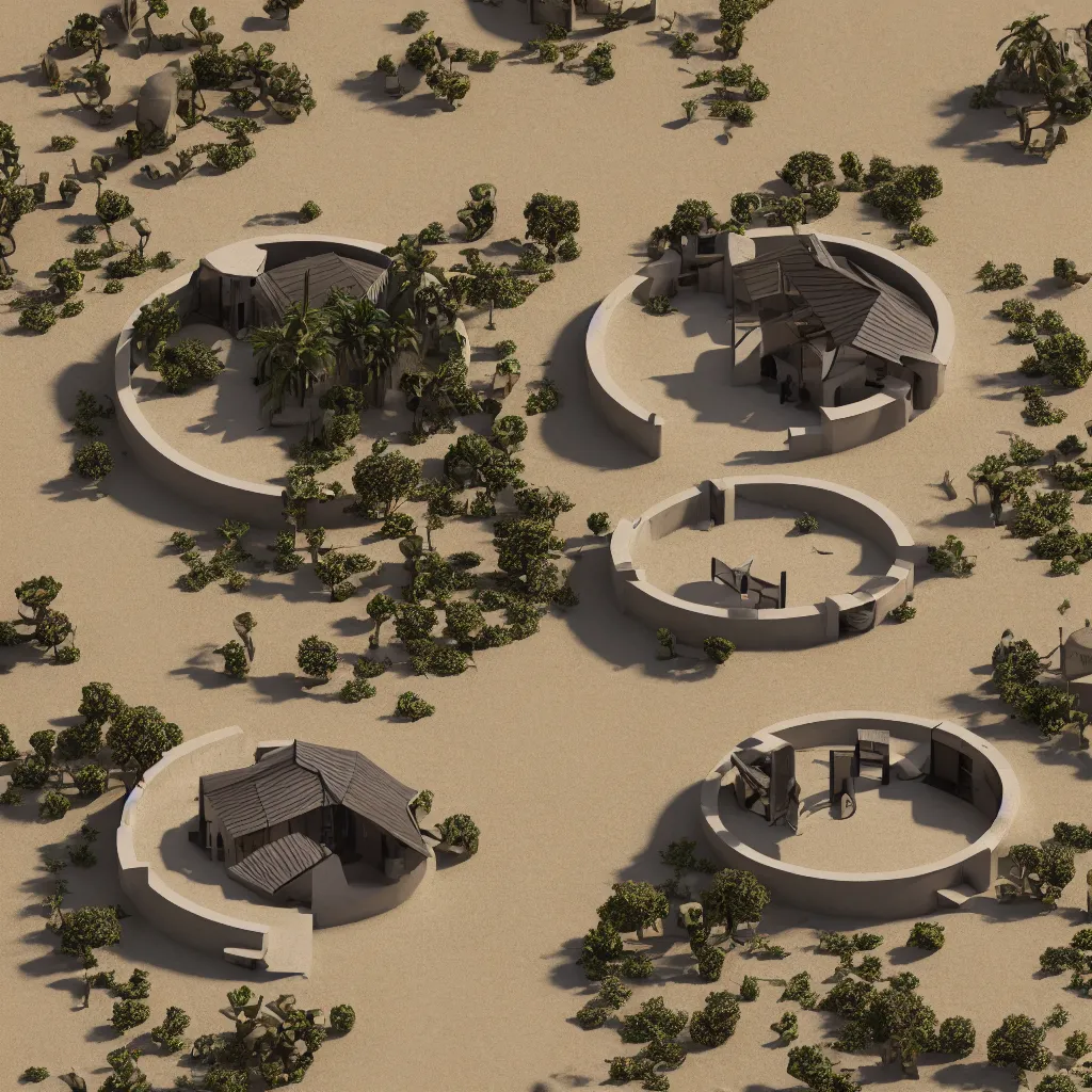 Prompt: architectural model, isometric view, 3 d render, studio lighting, low contrast, dark background, highly detailed, a circular house with circular courtyards, pool, on rocks on a desert