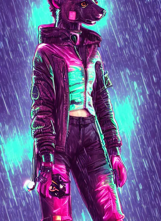 Image similar to digital artwork of anthromorphic hyena female, fursona, furry fandom, neon rainy cyberpunk setting, anthro, wearing cyberpunk 2 0 7 7 jacket, detailed face,