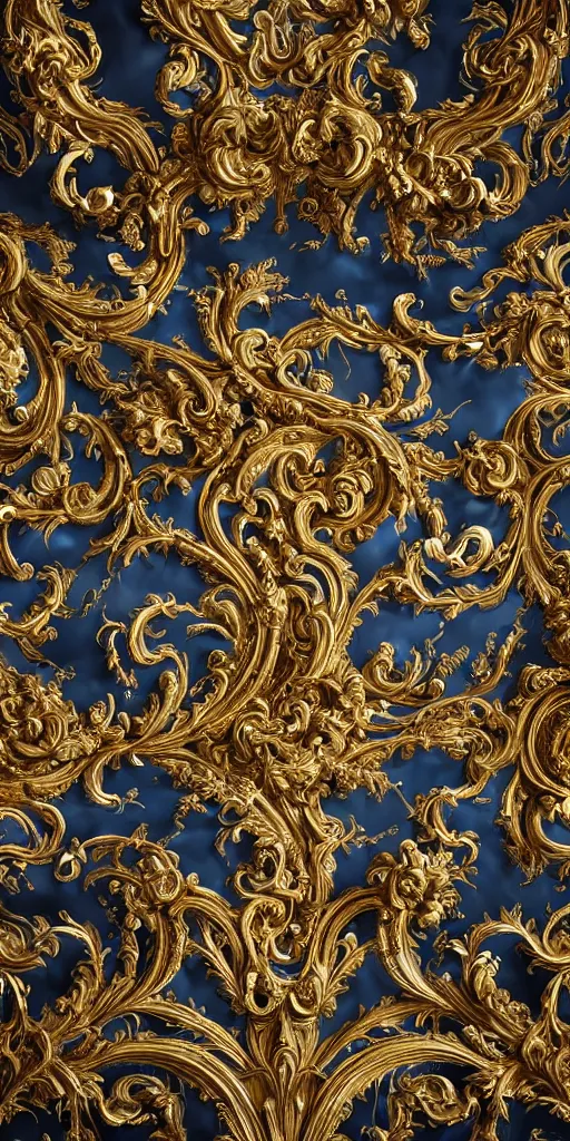 Image similar to the source of future growth dramatic, elaborate emotive Golden Baroque and Rococo styles to emphasise beauty as a transcendental, seamless pattern, symmetrical, large motifs, sistine chapel ceiling, 8k image, supersharp, Gold blue black and white, 3D, no blur, sharp focus, photorealistic, insanely detailed and intricate, cinematic lighting, Octane render, epic scene, 8K