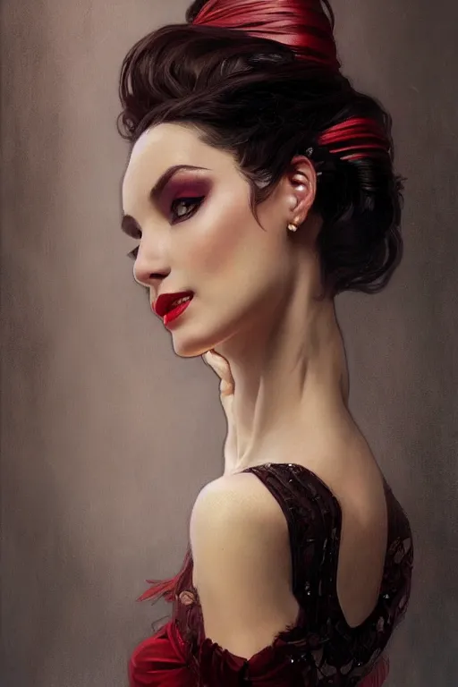 Prompt: a beautiful portrait of ballerina with long black and deep red colored hair dressed as a 1 9 6 0 s go - go dancer, intricate, elegant, highly detailed, digital painting, artstation, concept art, matte, sharp focus, illustration, art by greg rutkowski and alphonse mucha