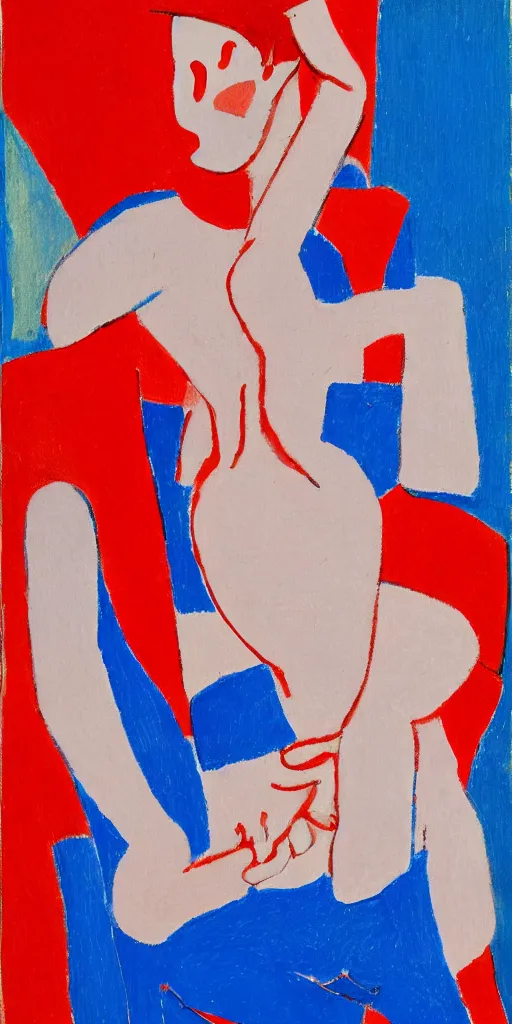 Image similar to full body portrait of a person who has chest pains, they are coughing and clogged and they have fear and pain and burning, in the style of Matisse in a red and cerulean blue theme
