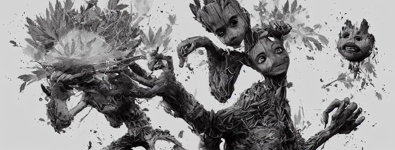 Prompt: duotone concept illustration 3 / 4 portrait of baby groot wearing cannabis hat, hemp, marijuana!, cinematic volumentric lighting, jim cheung, david marquez, mike deodato jr, ilya kuvshinov, makoto shinka, behance hd by jesper ejsing, by rhads, hyper detailed, octane render, concept art, artstation