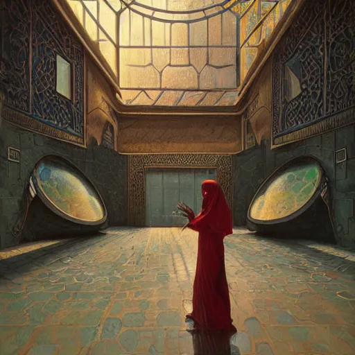 Image similar to detailed face of an arabic woman, opulent courtyard, moment, tectonic sky, skydome, reactor, utopian, tech noir, wet reflections, prism, atmospheric, ambient, pj crook, syd mead, livia prima, artgerm, greg rutkowski, nick alm, casey baugh