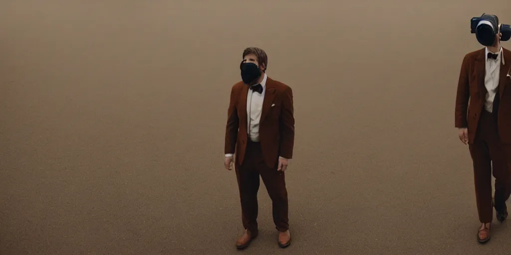 Prompt: a man wearing a brown suit and a mask that is connected to a homemade time machine, cinematic, 8 5 mm lens, shot on arri alexa, atmospheric