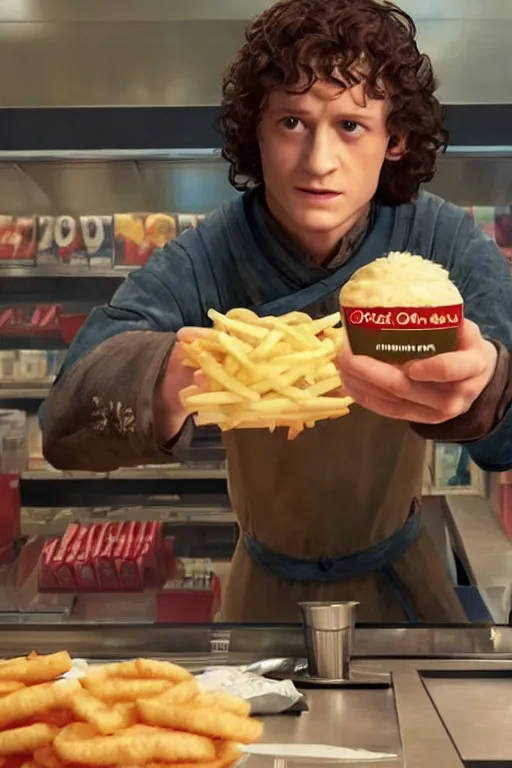 Prompt: film still of frodo working at mcdonalds in the new avengers movie, oil on canvas, intricate, 8 k highly professionally detailed, hdr, cgsociety