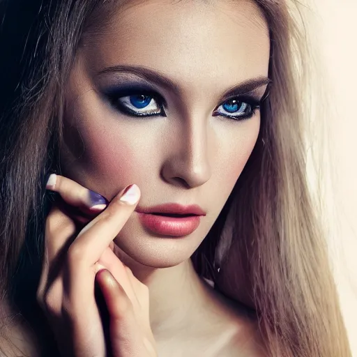 Image similar to Photo of a model, bold, self-confidence, cinematic, light makeup focus