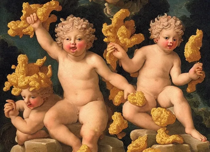 Image similar to cherubs with cheetos for hair, extremely detailed, a baroque painting, rococo style