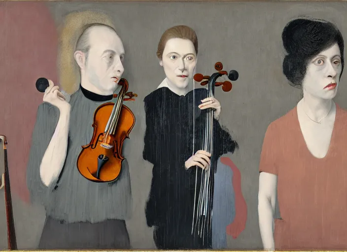 Image similar to portrait of two young violin players getting ready to perform looking, half figure front, francis bacon and pat steir and hilma af klint and james jean and vincent lefevre, psychological, photorealistic, symmetrical faces, intriguing eyes, rendered in octane, altermodern, masterpiece
