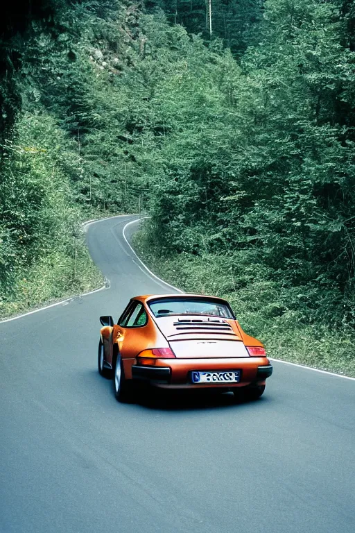 Image similar to Photo of a Porsche 911 Carrera 3.2 on a winding road through mountains and forests. Canon EOS 100, 28-80mm USM MkI, Ektachrome E100