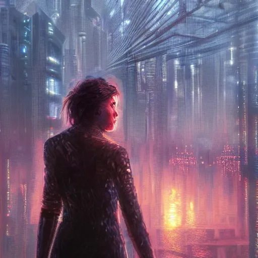 Prompt: molly from neuromancer, extremely detailed portrait of a young beautiful cyberpunk woman, eye implants, sunset, cyberpunk city background, megacity, gorgeous view, depth, painted by seb mckinnon, high detail, digital art, painted by greg rutkowski, trending on artstation