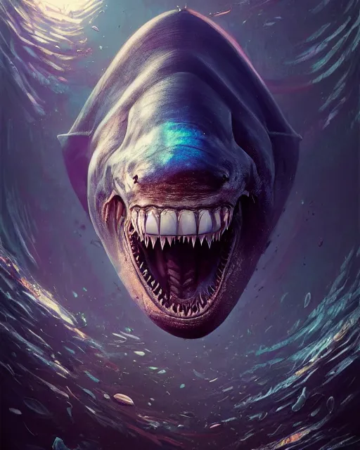 Image similar to portrait of megalodon - exterminator - royal - king, intricate abstract. intricate artwork, by tooth wu, wlop, beeple, dan mumford. concept art, octane render, trending on artstation, greg rutkowski very coherent symmetrical artwork. cinematic, key art, hyper realism, high detail, octane render, 8 k, iridescent accents