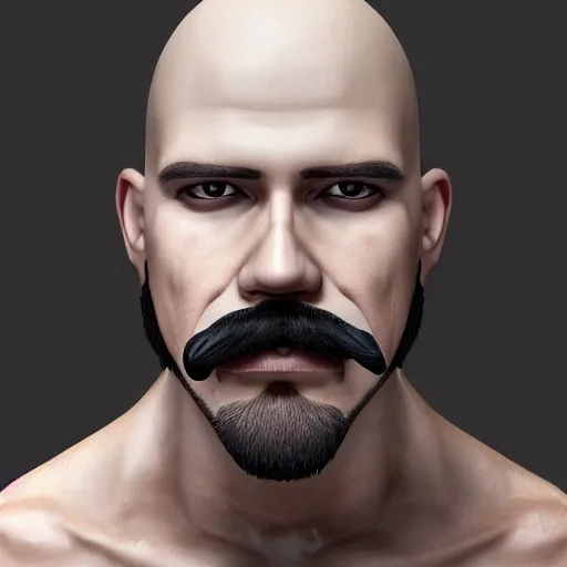 Image similar to A guy with a big moustache and a shaved head, 8k highly detailed face