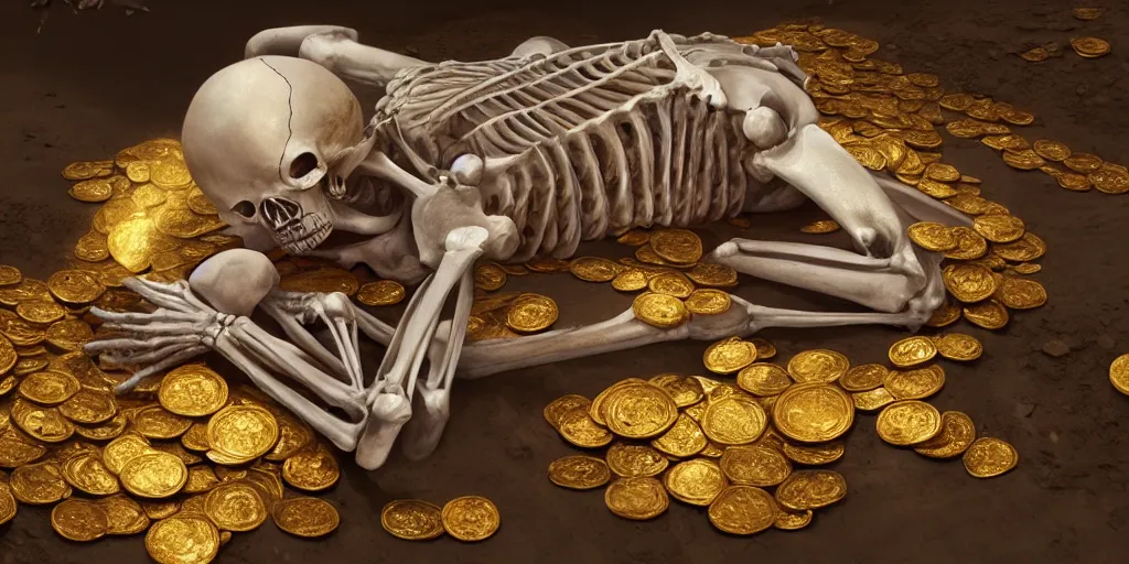 Image similar to concept art of a skeleton laying in the middle of golden coins and precious jewels, pearl, rubi, diamonds, painting by wlop, nixeu and greg rutkowski, beautiful, semirealism, artstation, octane render, oil painting, sharpness, 8 k, golden ratio