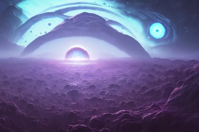 Image similar to A view from space of an Eldritch Organic Planet of The Void made of eyeballs and tentacles, Purple and Blue colored, 4k, masterpiece, cinematic, glowing, by Greg Rutkowski, Trending on Artstation, Behance. Polished, Volumetric Lighting